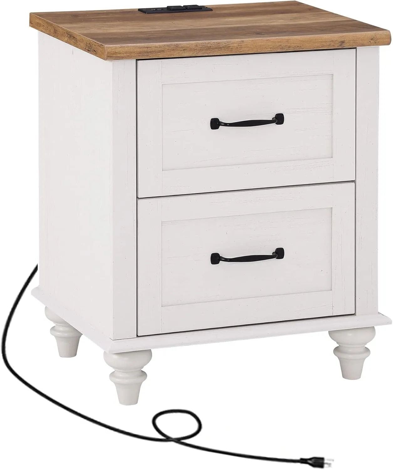 WAMPAT White Nightstand for Bedroom with Charging Station, Mid Century Side Table End Table with 2 Drawers, Wooden Night Stand Bedside Table for Living Room