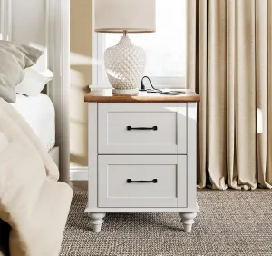 WAMPAT White Nightstand for Bedroom with Charging Station, Mid Century Side Table End Table with 2 Drawers, Wooden Night Stand Bedside Table for Living Room
