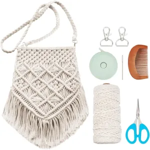 WEBEEDY Boho DIY Macrame Bag Kit for Adults Beginners Beige Shoulder Bag Making Kit with 109Yards 3mm Macrame Cord and Video Tutorials Complete Handmade Bag Kit for Gift Holiday Beach Decor