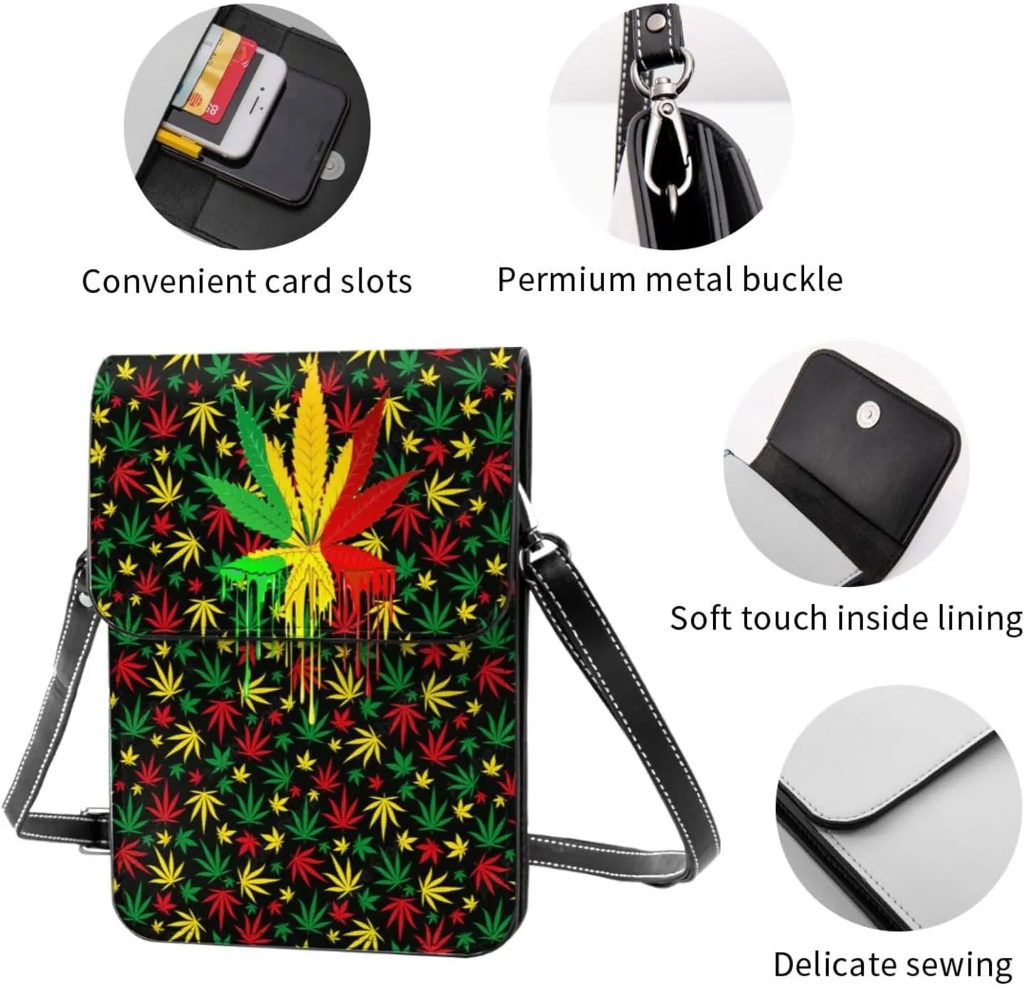 Weed Leaf Cannabis Marijuana Womans Crossbody Bags Leather One Shoulder Handbags Wallet Adjustable Strap Cell Phone Purse