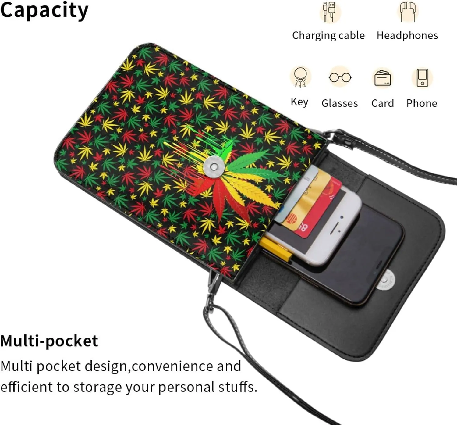 Weed Leaf Cannabis Marijuana Womans Crossbody Bags Leather One Shoulder Handbags Wallet Adjustable Strap Cell Phone Purse