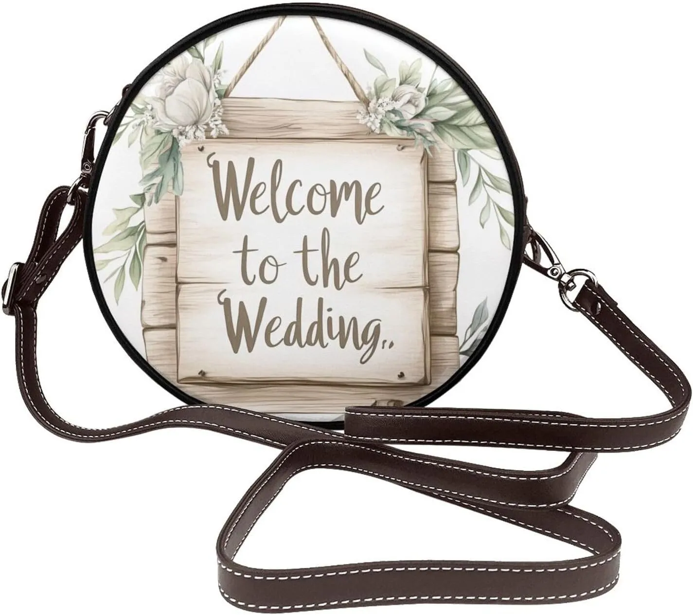 Welcome To The Wedding Wooden Sign Women Round Crossbody Bags Leather Sling Bag Purse