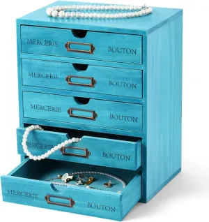 Wesiti Vintage Wooden Storage Box Desk Office Organizer Rustic Desk Storage Organizer Desktop Wooden Drawer Tool Small Library Card Catalog Cabinet for Jewelry Home(5 Drawers,Blue)