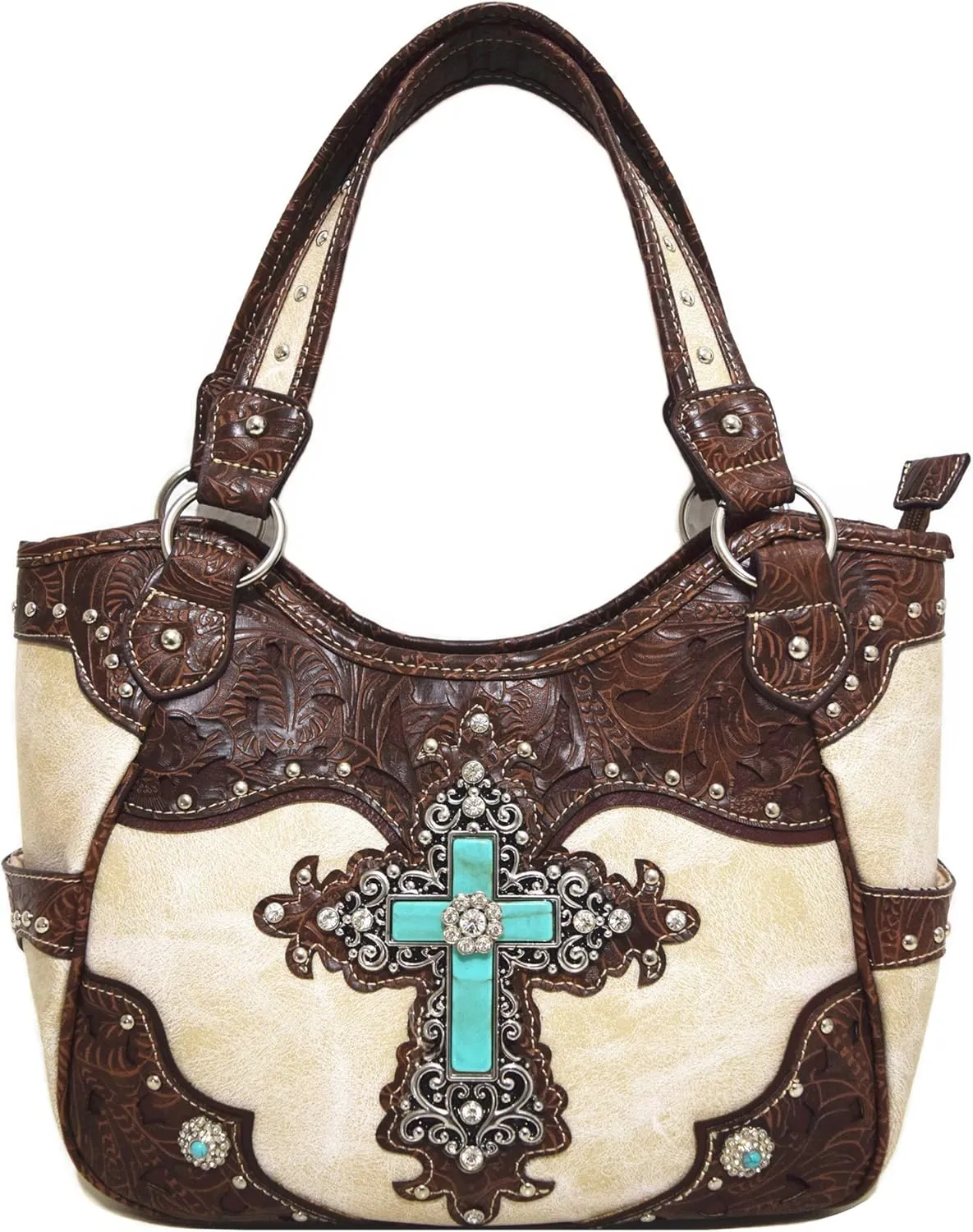 Western Style Rhinestone Cross Conchos Studded Women Purse Tooled Leather Handbag Country Shoulder Bag Trifold Wallet Set