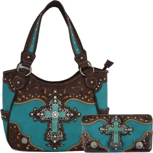 Western Style Rhinestone Cross Conchos Studded Women Purse Tooled Leather Handbag Country Shoulder Bag Trifold Wallet Set