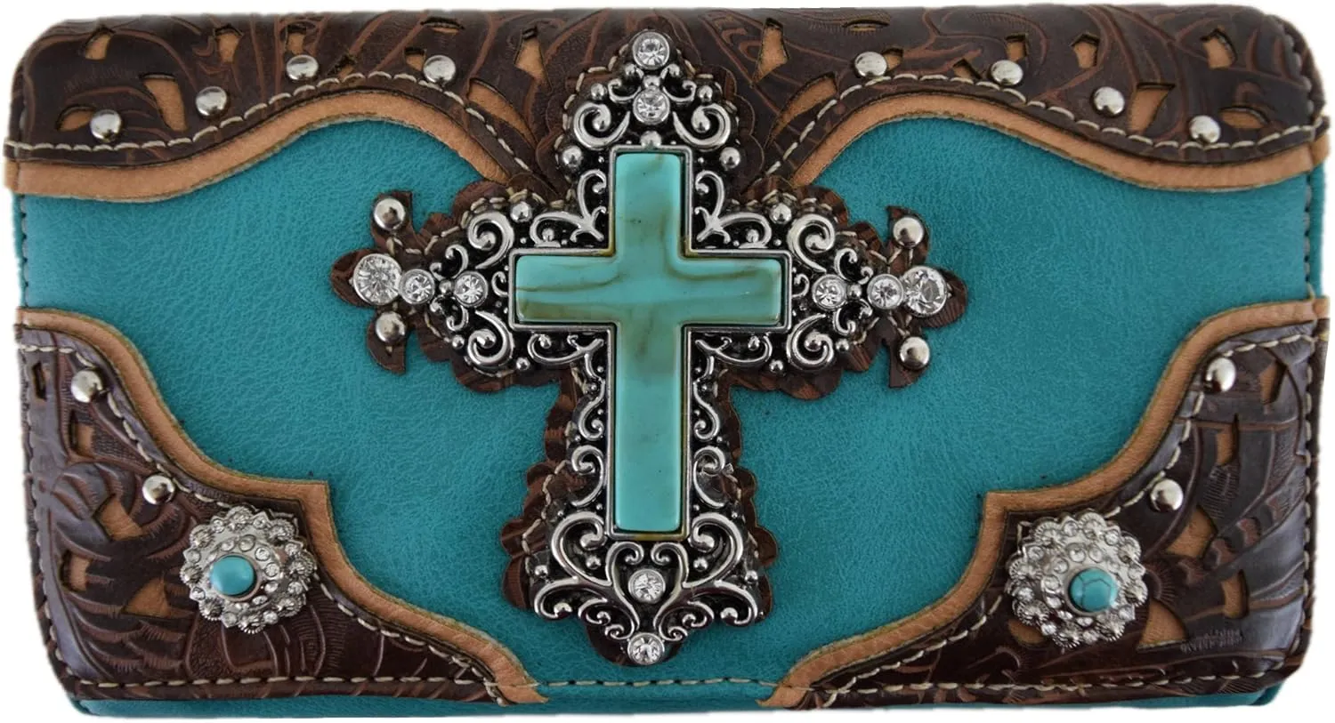 Western Style Rhinestone Cross Conchos Studded Women Purse Tooled Leather Handbag Country Shoulder Bag Trifold Wallet Set