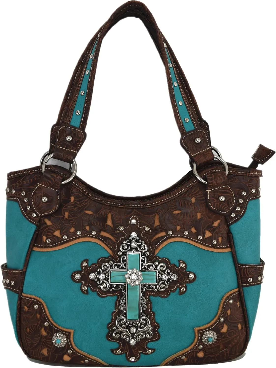 Western Style Rhinestone Cross Conchos Studded Women Purse Tooled Leather Handbag Country Shoulder Bag Trifold Wallet Set