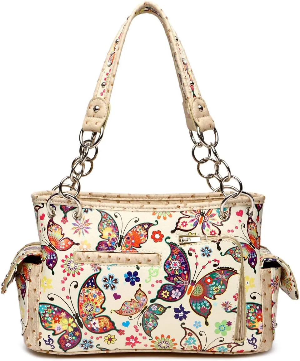 Western Style Spring Butterfly Flower Purse Women Country Handbag Rhinestone Stud Shoulder Bag Wallet Set