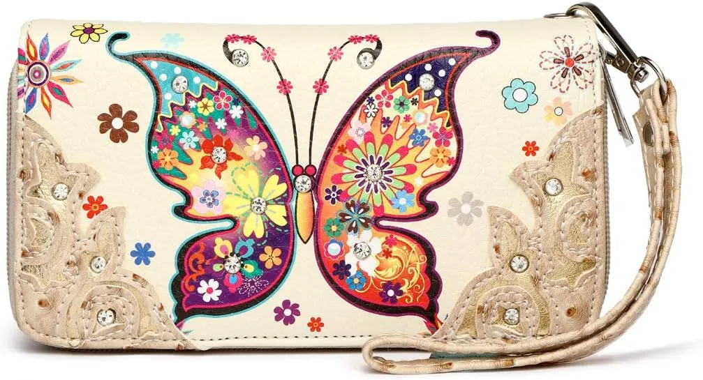 Western Style Spring Butterfly Flower Purse Women Country Handbag Rhinestone Stud Shoulder Bag Wallet Set