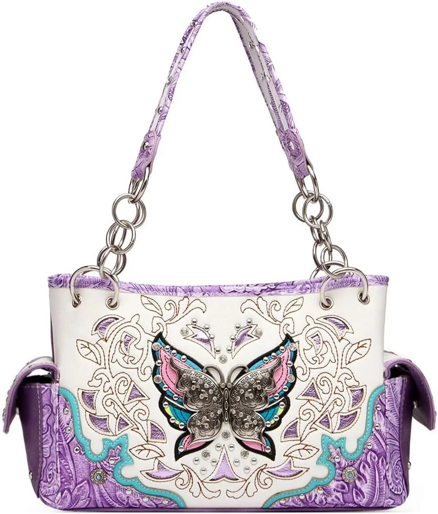 Western Style Spring Butterfly Flower Purse Women Country Handbag Rhinestone Stud Shoulder Bag Wallet Set