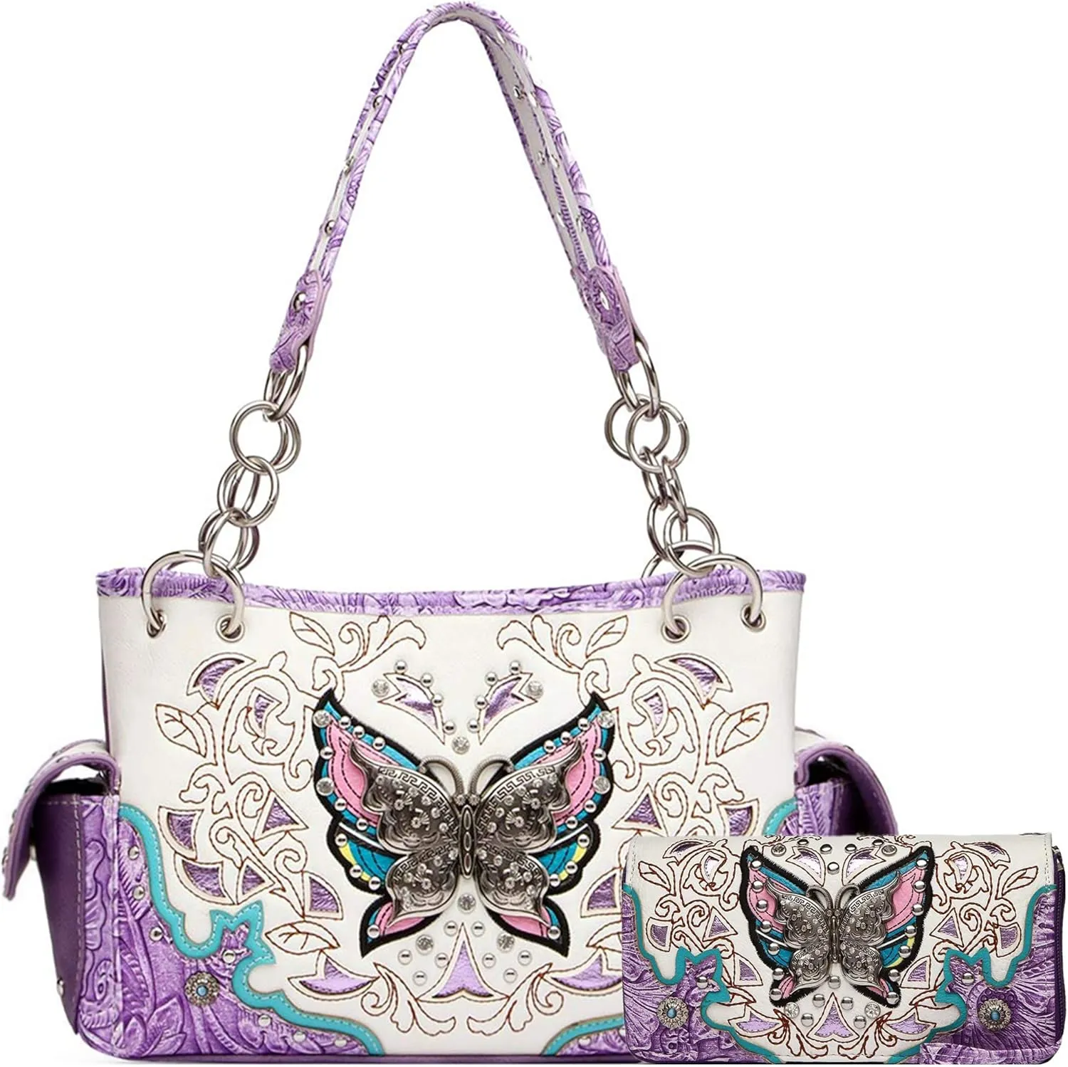 Western Style Spring Butterfly Flower Purse Women Country Handbag Rhinestone Stud Shoulder Bag Wallet Set