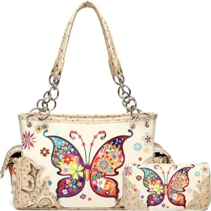 Western Style Spring Butterfly Flower Purse Women Country Handbag Rhinestone Stud Shoulder Bag Wallet Set