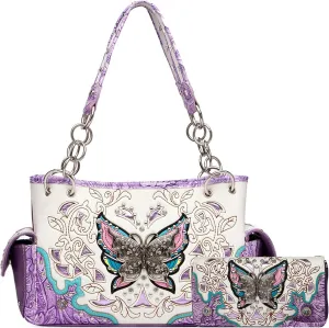Western Style Spring Butterfly Flower Purse Women Country Handbag Rhinestone Stud Shoulder Bag Wallet Set
