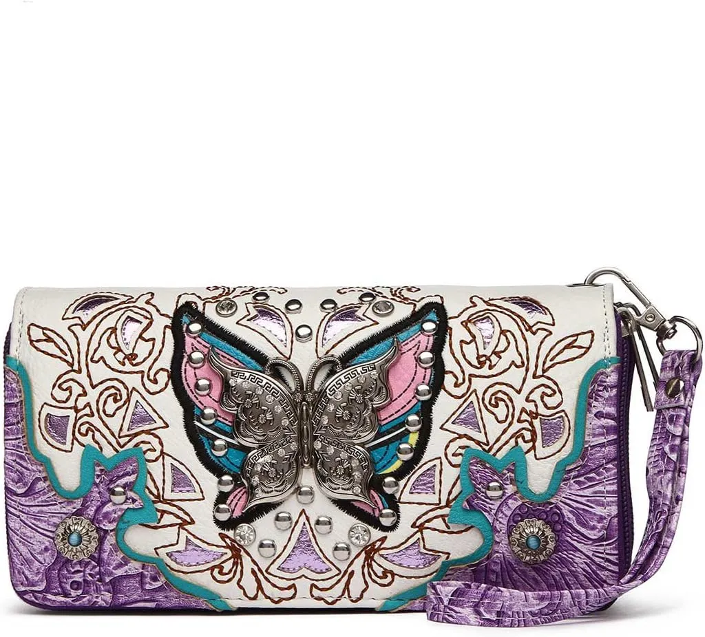 Western Style Spring Butterfly Flower Purse Women Country Handbag Rhinestone Stud Shoulder Bag Wallet Set