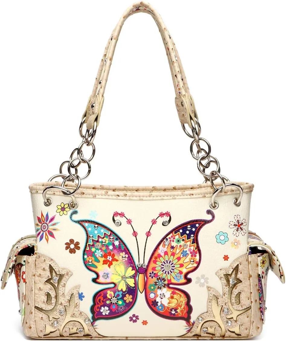 Western Style Spring Butterfly Flower Purse Women Country Handbag Rhinestone Stud Shoulder Bag Wallet Set