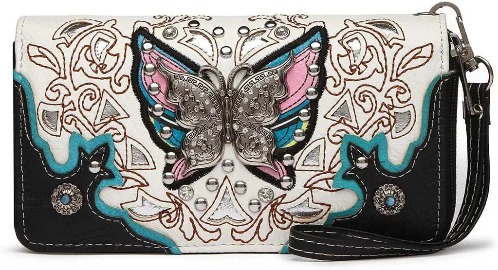 Western Style Spring Butterfly Flower Purse Women Country Handbag Rhinestone Stud Shoulder Bag Wallet Set