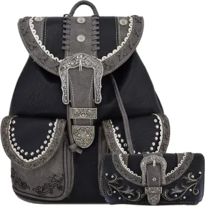 Western Style Tooled Buckle Studded Floral Women Country Backpack Bags Rucksack Daypack Biker Purse Matching Wallet Set (Black)