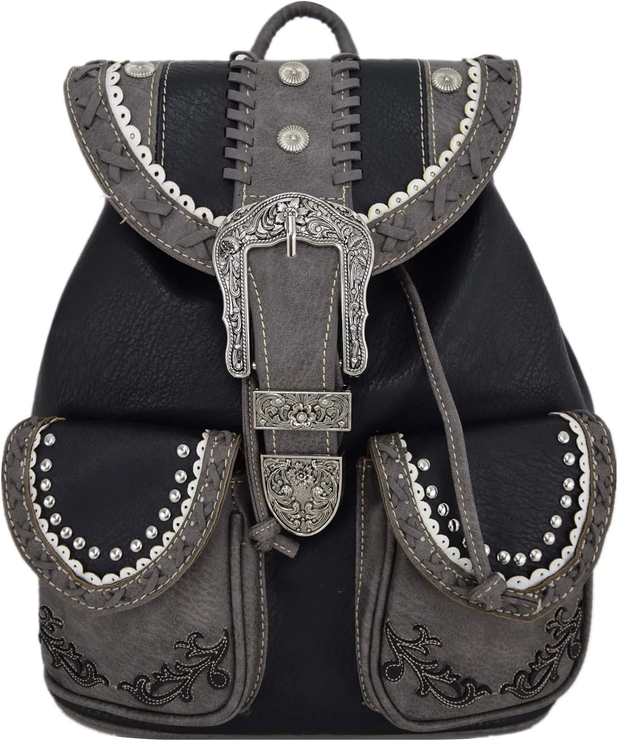Western Style Tooled Buckle Studded Floral Women Country Backpack Bags Rucksack Daypack Biker Purse Matching Wallet Set (Black)