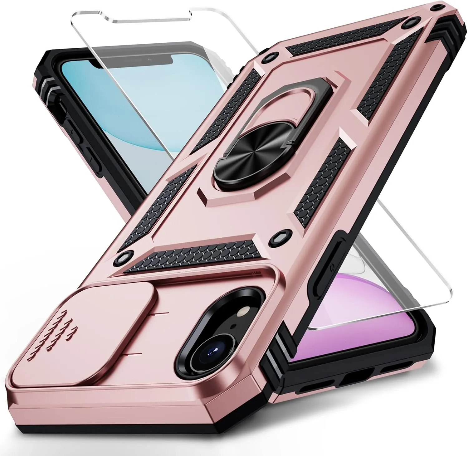 Weycolor for iPhone XR Case with Camera Lens Cover, HD Screen Protector, 10 FT Military Grade Drop Protection, Magnetic Ring Holder Kickstand Protective Phone Case, Rose Gold