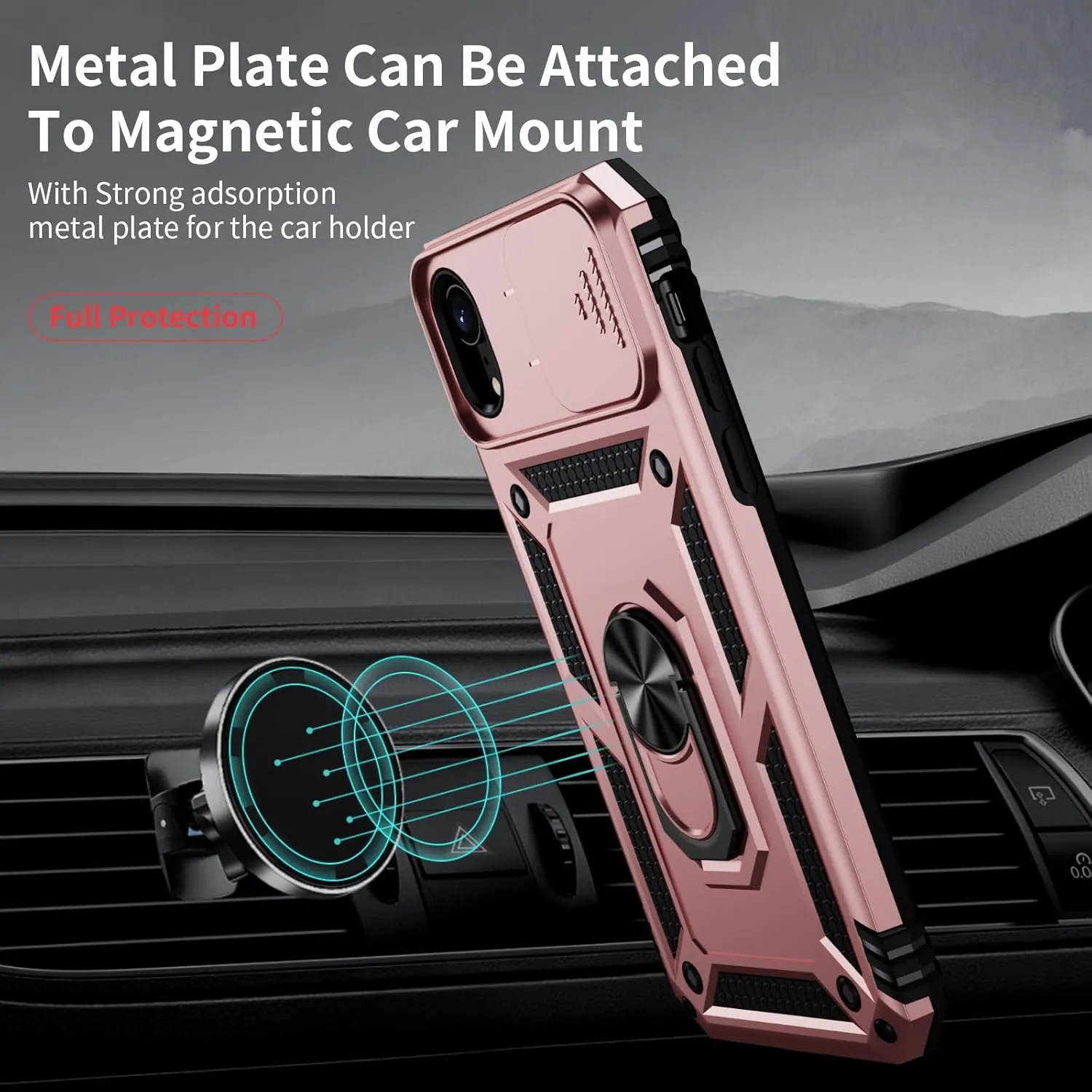 Weycolor for iPhone XR Case with Camera Lens Cover, HD Screen Protector, 10 FT Military Grade Drop Protection, Magnetic Ring Holder Kickstand Protective Phone Case, Rose Gold