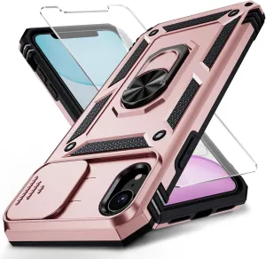 Weycolor for iPhone XR Case with Camera Lens Cover, HD Screen Protector, 10 FT Military Grade Drop Protection, Magnetic Ring Holder Kickstand Protective Phone Case, Rose Gold