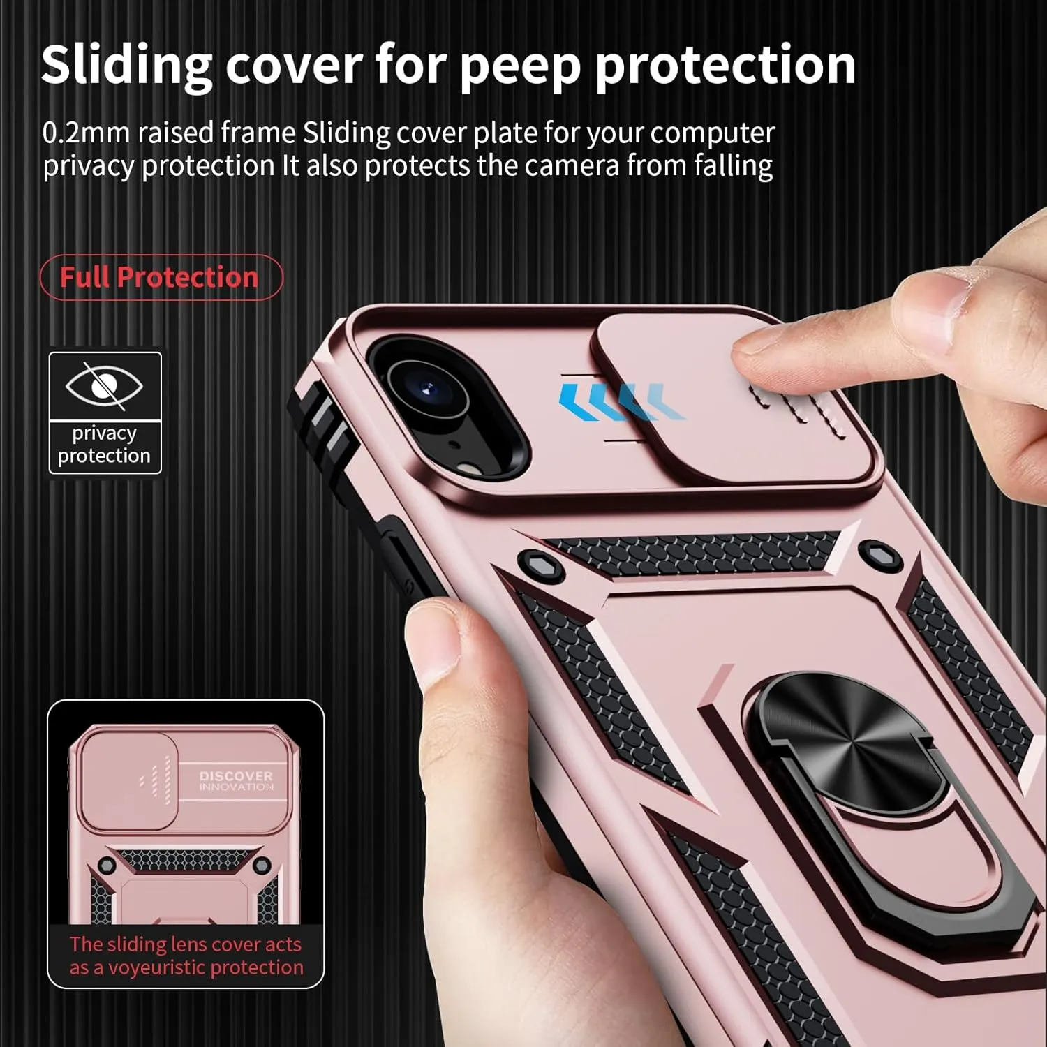 Weycolor for iPhone XR Case with Camera Lens Cover, HD Screen Protector, 10 FT Military Grade Drop Protection, Magnetic Ring Holder Kickstand Protective Phone Case, Rose Gold