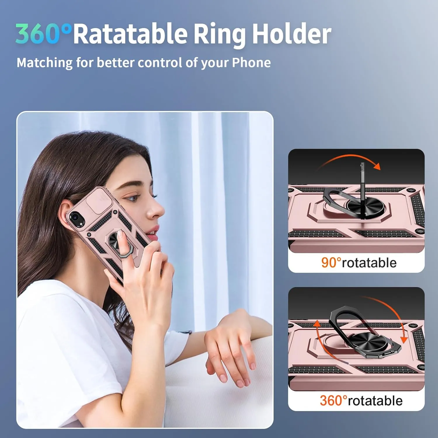 Weycolor for iPhone XR Case with Camera Lens Cover, HD Screen Protector, 10 FT Military Grade Drop Protection, Magnetic Ring Holder Kickstand Protective Phone Case, Rose Gold