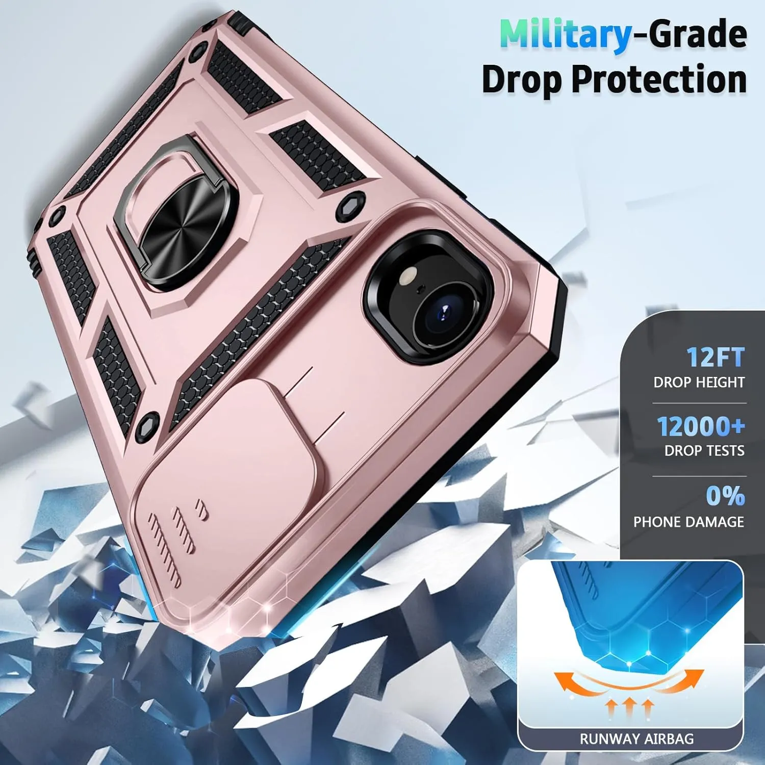 Weycolor for iPhone XR Case with Camera Lens Cover, HD Screen Protector, 10 FT Military Grade Drop Protection, Magnetic Ring Holder Kickstand Protective Phone Case, Rose Gold
