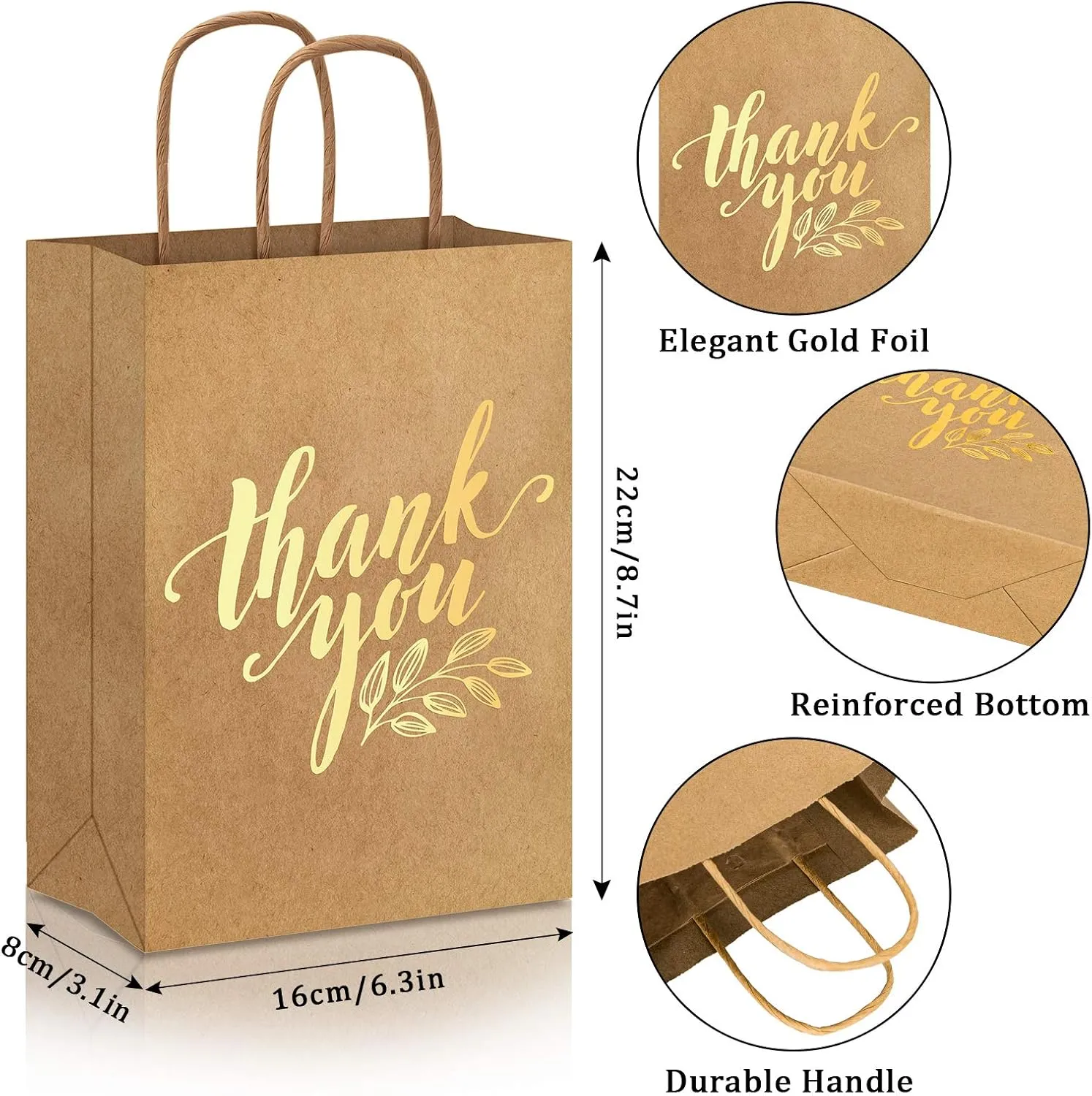 Whaline 16Pcs Thank You Party Bags Gold Foil Kraft Paper Gift Bags Brown Paper Bags with Handle Party Favor Bags for Wedding Birthday Baby Shower Party Favors 6.3 x 8.7 x 3.1inch, 4 Styles