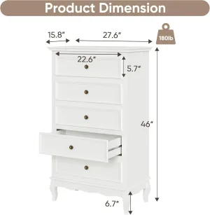 White 5 Drawer Dresser for Bedroom, Modern Storage Closet Cabinet Organizerwith Solid Wood Legs and Painted Finish, Wooden Tall Chest of Drawersfor Living Room, Hallway