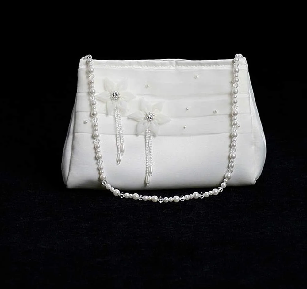 White Satin First Communion Purse Bags with Pearl and Cross Design