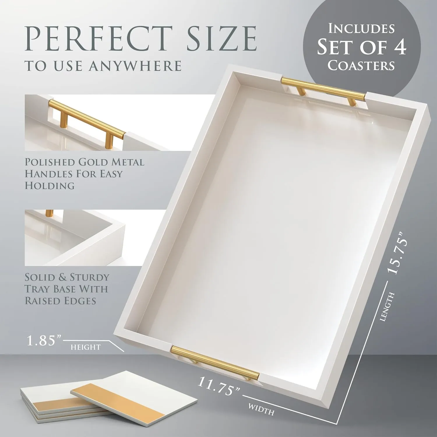 White Serving Tray with 4 Matching Coasters, Decorative Gold Handles, Wooden Coffee Table Tray, Rectangle for Home Decor, Beautiful Gloss Finish, 16"x12"