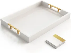 White Serving Tray with 4 Matching Coasters, Decorative Gold Handles, Wooden Coffee Table Tray, Rectangle for Home Decor, Beautiful Gloss Finish, 16"x12"