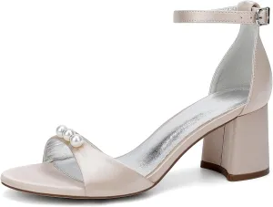 Wide Chunky Heels Wedding Shoes Open Toe Pearl Satin Bridal Shoe Women's Ankle Buckle Strap Sandal Dress Party Office Casual Block