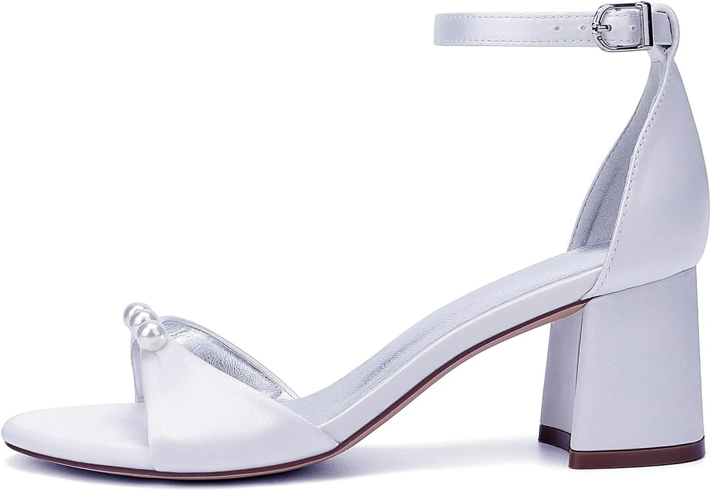 Wide Chunky Heels Wedding Shoes Open Toe Pearl Satin Bridal Shoe Women's Ankle Buckle Strap Sandal Dress Party Office Casual Block