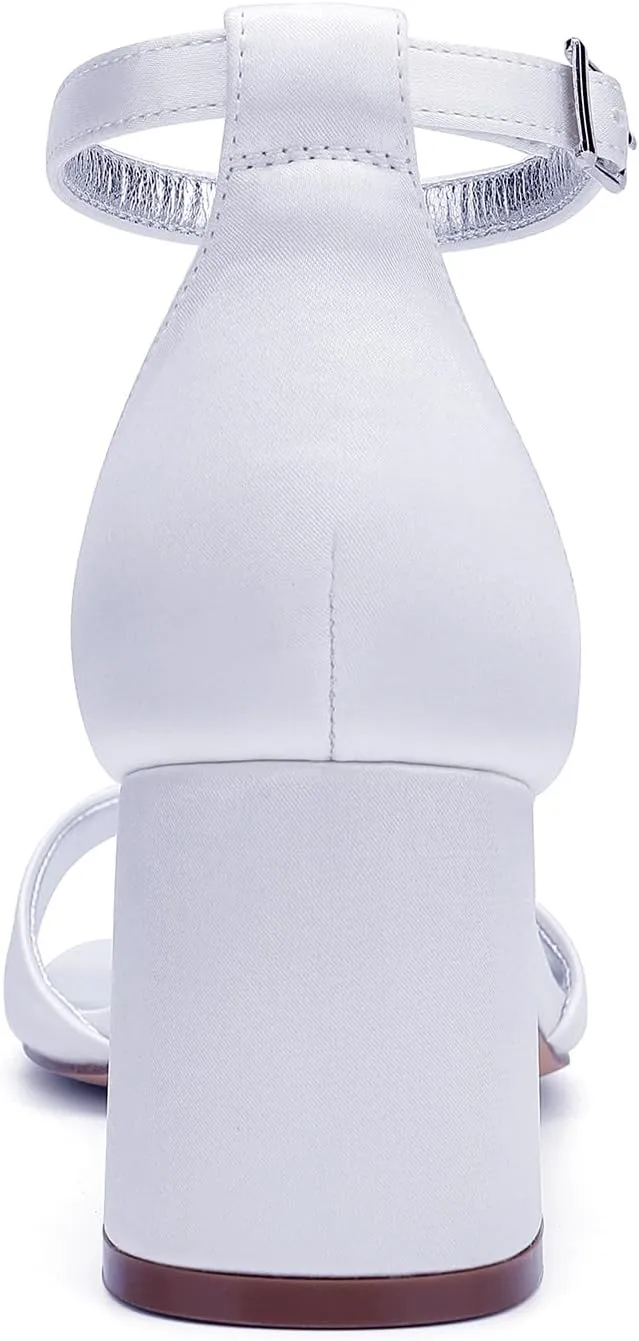 Wide Chunky Heels Wedding Shoes Open Toe Pearl Satin Bridal Shoe Women's Ankle Buckle Strap Sandal Dress Party Office Casual Block
