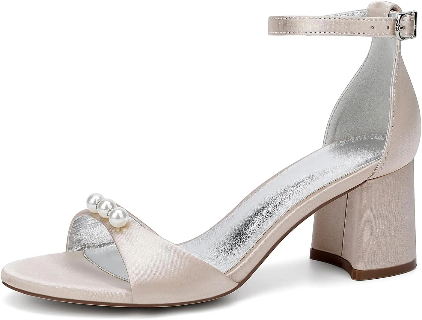 Wide Chunky Heels Wedding Shoes Open Toe Pearl Satin Bridal Shoe Women's Ankle Buckle Strap Sandal Dress Party Office Casual Block