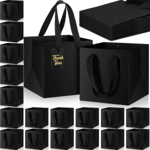 Windyun 50 Pcs Mini Paper Gift Bags with Handle 6 x 6 x 6'' Square Small Favor Bag with DIY Thank You Tag for Birthday Wedding Bridal Shower Bridesmaid Graduation Holiday Party (Black)