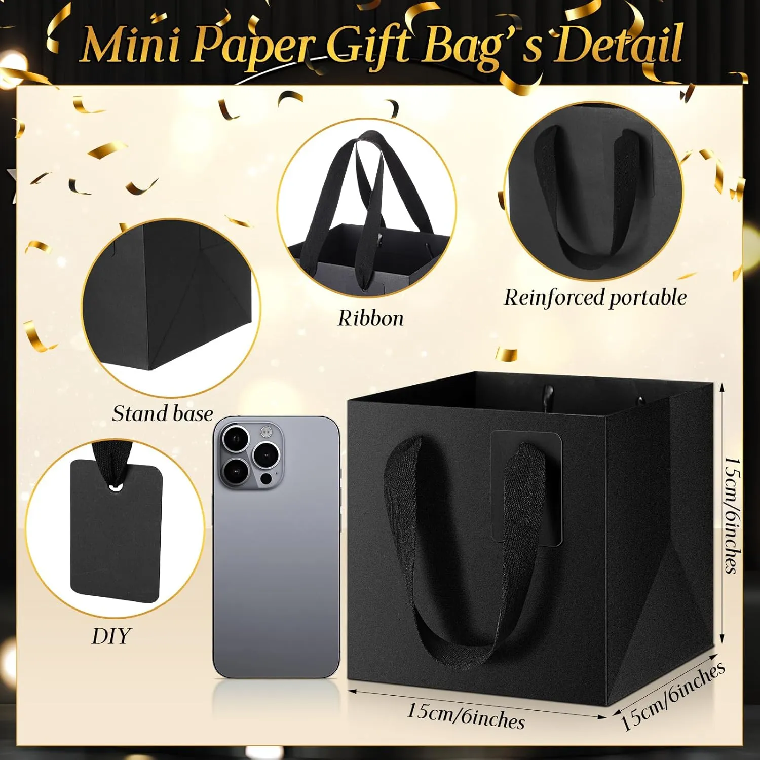 Windyun 50 Pcs Mini Paper Gift Bags with Handle 6 x 6 x 6'' Square Small Favor Bag with DIY Thank You Tag for Birthday Wedding Bridal Shower Bridesmaid Graduation Holiday Party (Black)