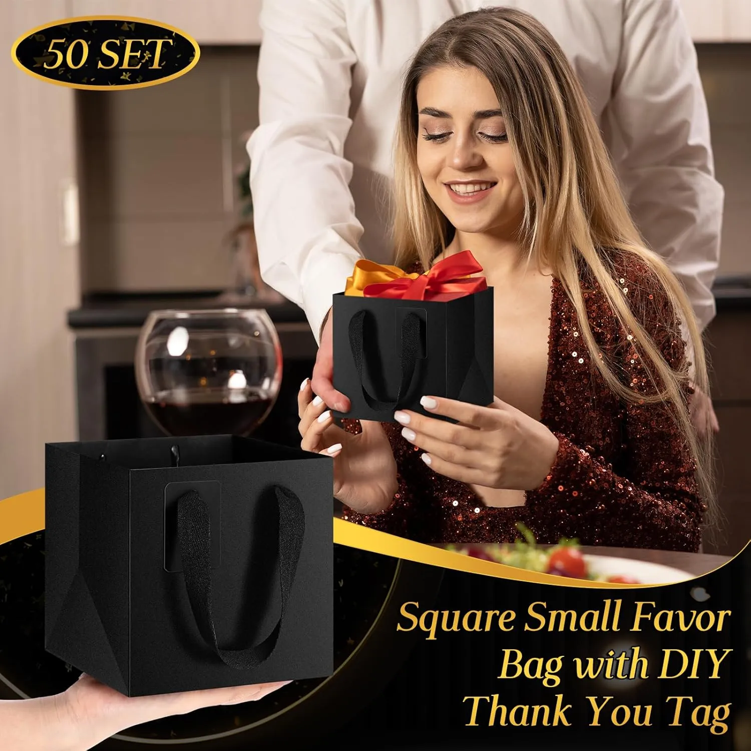 Windyun 50 Pcs Mini Paper Gift Bags with Handle 6 x 6 x 6'' Square Small Favor Bag with DIY Thank You Tag for Birthday Wedding Bridal Shower Bridesmaid Graduation Holiday Party (Black)