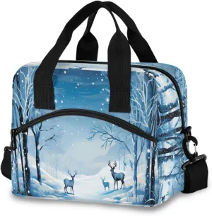 Winter Forest Deer Lunch Box for Men Women Adults Insulated Lunch Bag Cooler Bag with Adjustable Shoulder Strap for Work Picnic Travel