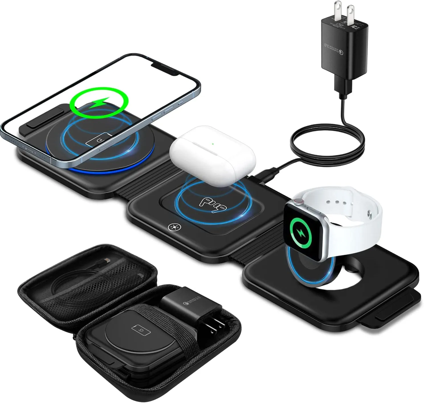 Wireless Charger 3 in 1 with Adapter and Travel Case,Fast Wireless Charging Station,Wireless Charging Pad Compatible with iPhone 14/13/12/11 Series,AirPods 3/2/Pro 2/Pro,iWatch Ultra/8/7/6/5/4/3/2/SE