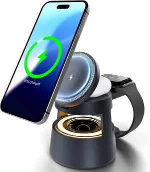 Wireless Charging Station Mag-Safe Charger: 5 in1 Travel Stand with Bluetooth Speaker Nightlight, for iPhone 16e 16 15 14 13 12 Pro Max, for Apple Watch Charger Ultra 10 9 8 7 6, for AirPods 4 3 Pro 2