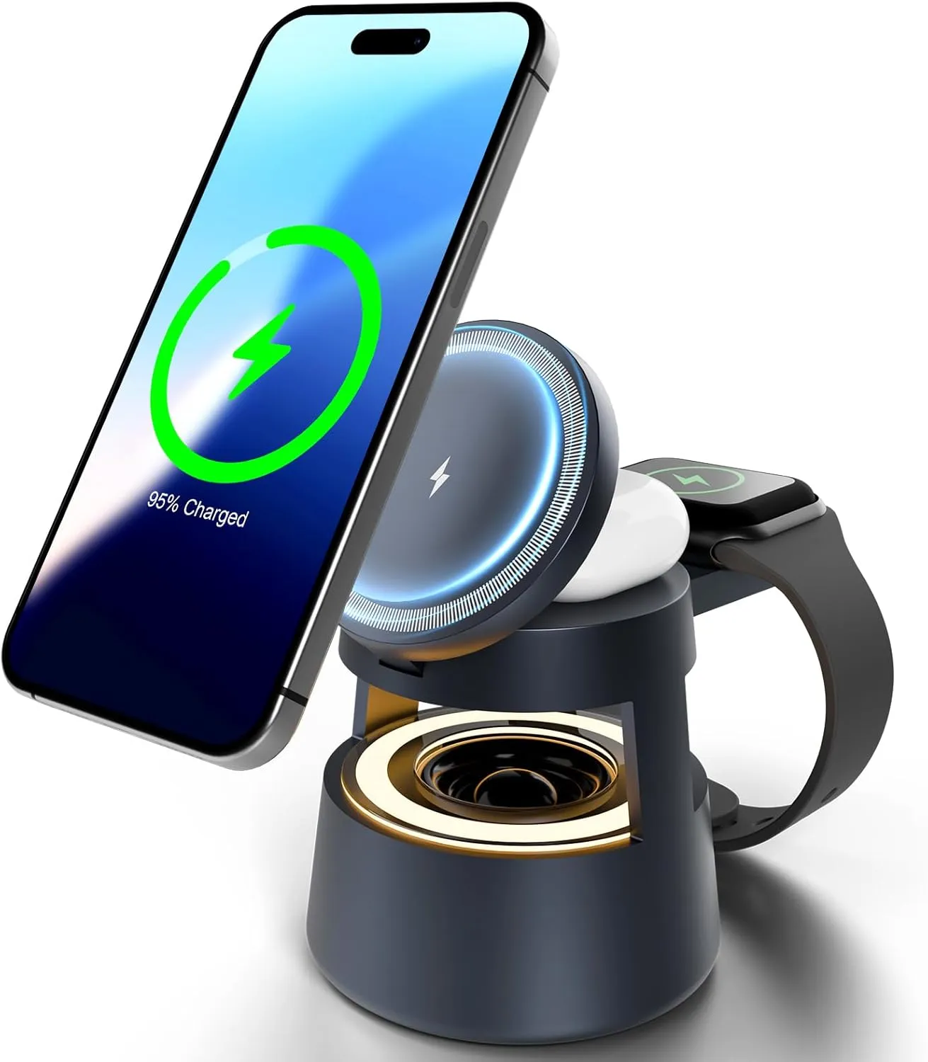 Wireless Charging Station Mag-Safe Charger: 5 in1 Travel Stand with Bluetooth Speaker Nightlight, for iPhone 16e 16 15 14 13 12 Pro Max, for Apple Watch Charger Ultra 10 9 8 7 6, for AirPods 4 3 Pro 2