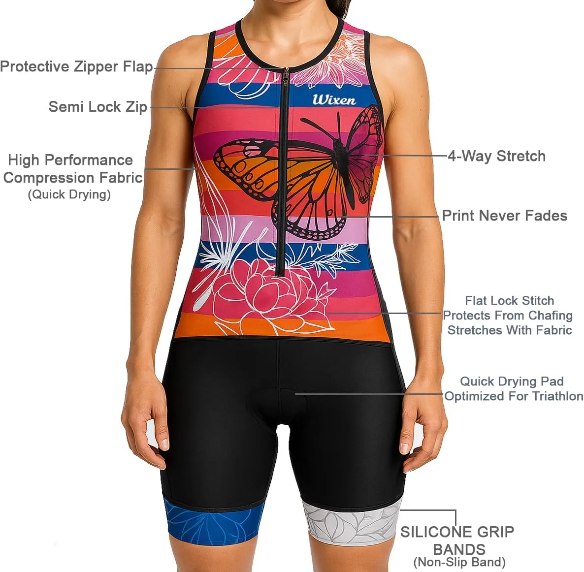 WIXEN Women's Triathlon Suit Sleeveless Tri Suit Padded Cycle Race Swim Bike Run Trisuit Back Pockets
