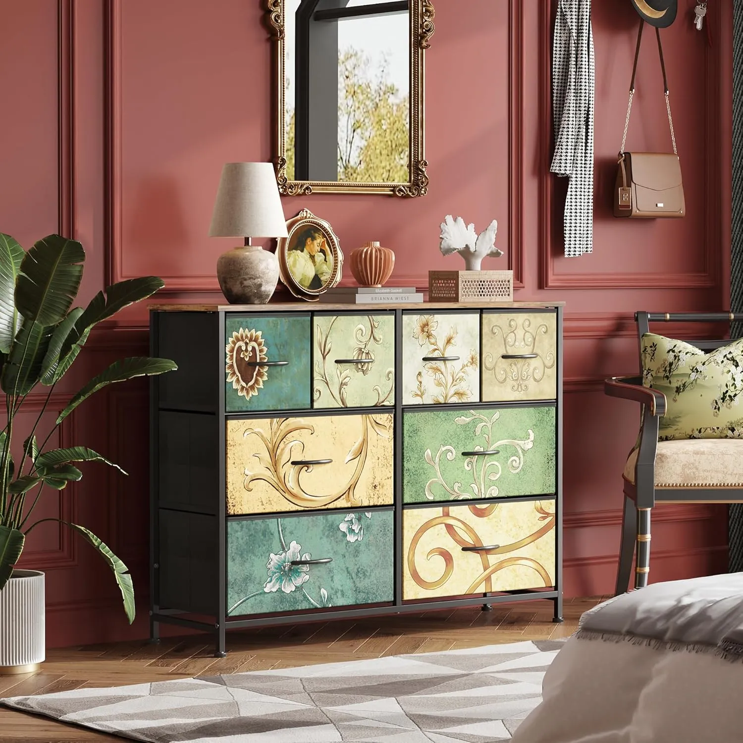 WLIVE 8 Drawer Dresser for Bedroom, Wide Fabric Dresser Storage Organizer, Chest of Drawers with Wood Top, Sturdy Steel Frame, Dressers for Living Room, Closet, Hallway, Floral Painted