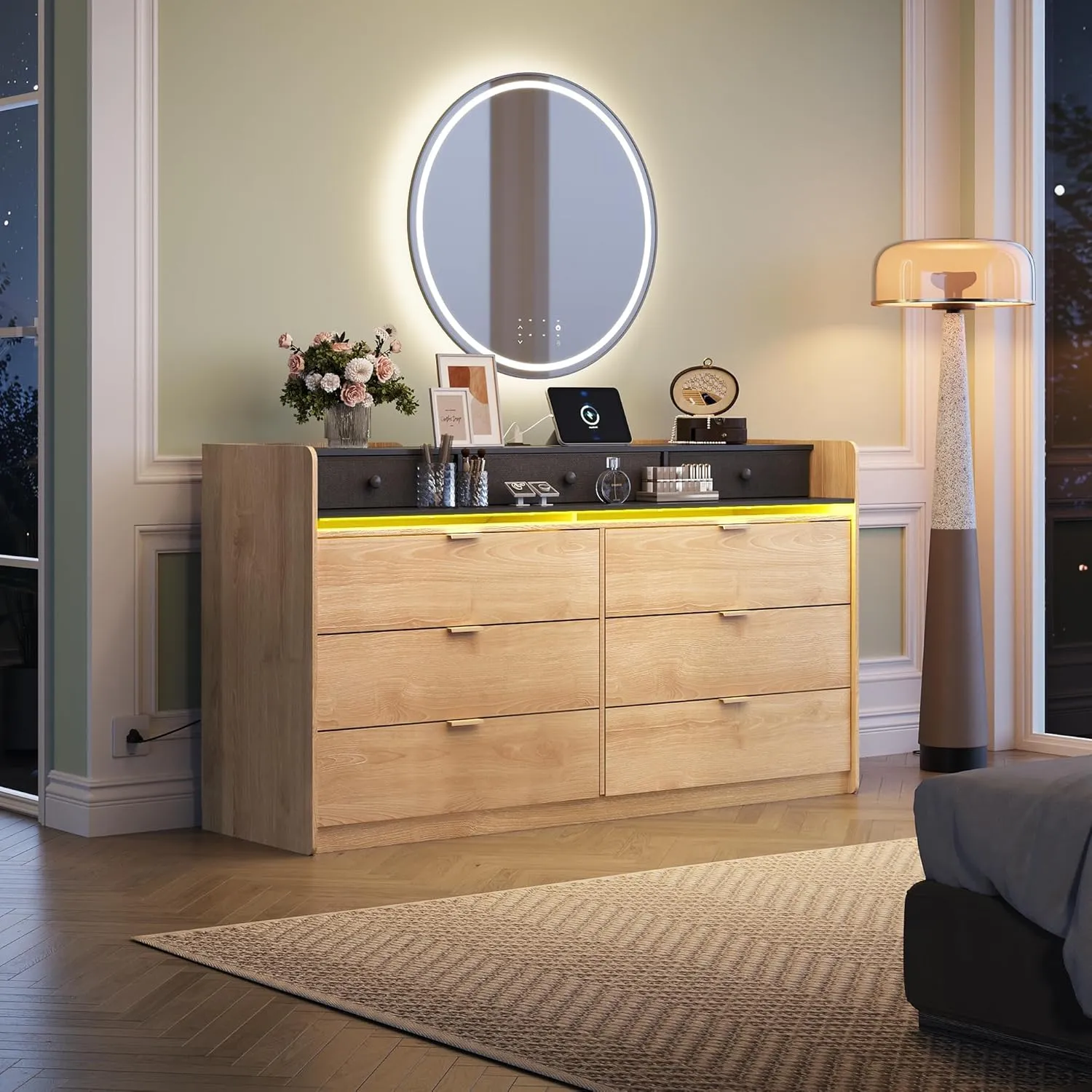WLIVE 9 Drawer Led Dresser for Bedroom, 58.35'' Wide Wood Dresser Storage Organizer with Power Outlets for 65'' TV, Dressers with Open Shelves, Chest of Drawers for Closet, Living Room, Light Oak