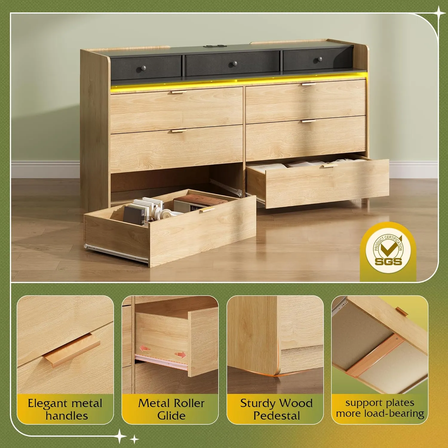 WLIVE 9 Drawer Led Dresser for Bedroom, 58.35'' Wide Wood Dresser Storage Organizer with Power Outlets for 65'' TV, Dressers with Open Shelves, Chest of Drawers for Closet, Living Room, Light Oak