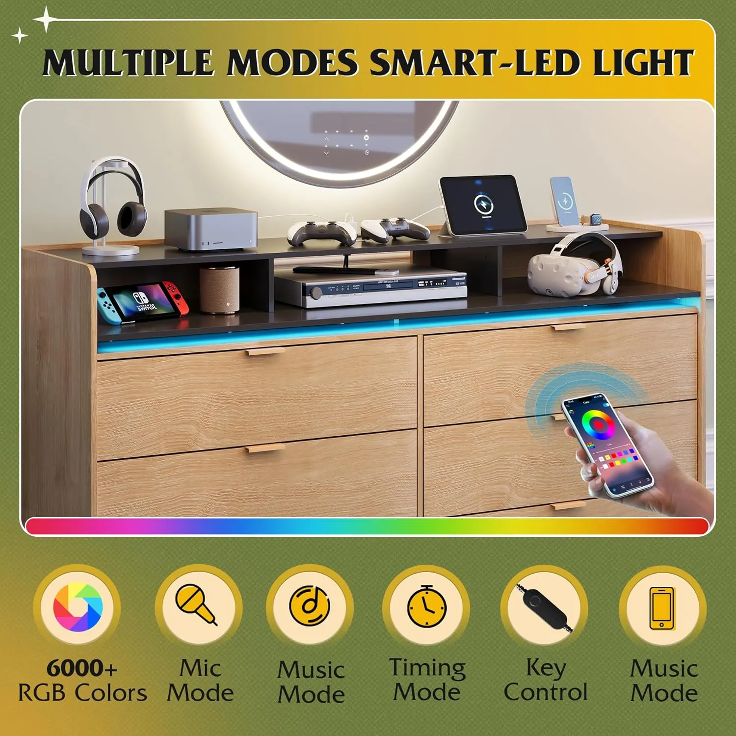 WLIVE 9 Drawer Led Dresser for Bedroom, 58.35'' Wide Wood Dresser Storage Organizer with Power Outlets for 65'' TV, Dressers with Open Shelves, Chest of Drawers for Closet, Living Room, Light Oak