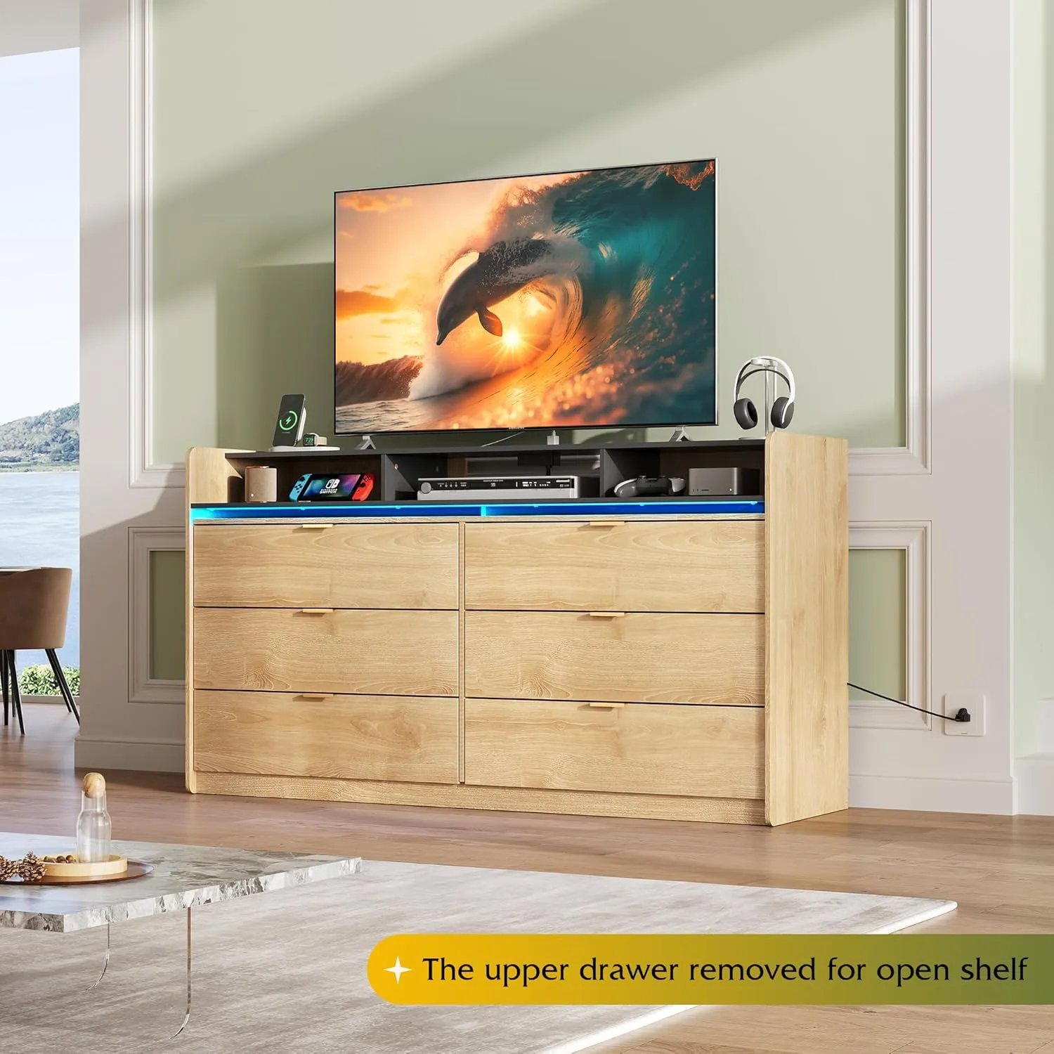 WLIVE 9 Drawer Led Dresser for Bedroom, 58.35'' Wide Wood Dresser Storage Organizer with Power Outlets for 65'' TV, Dressers with Open Shelves, Chest of Drawers for Closet, Living Room, Light Oak